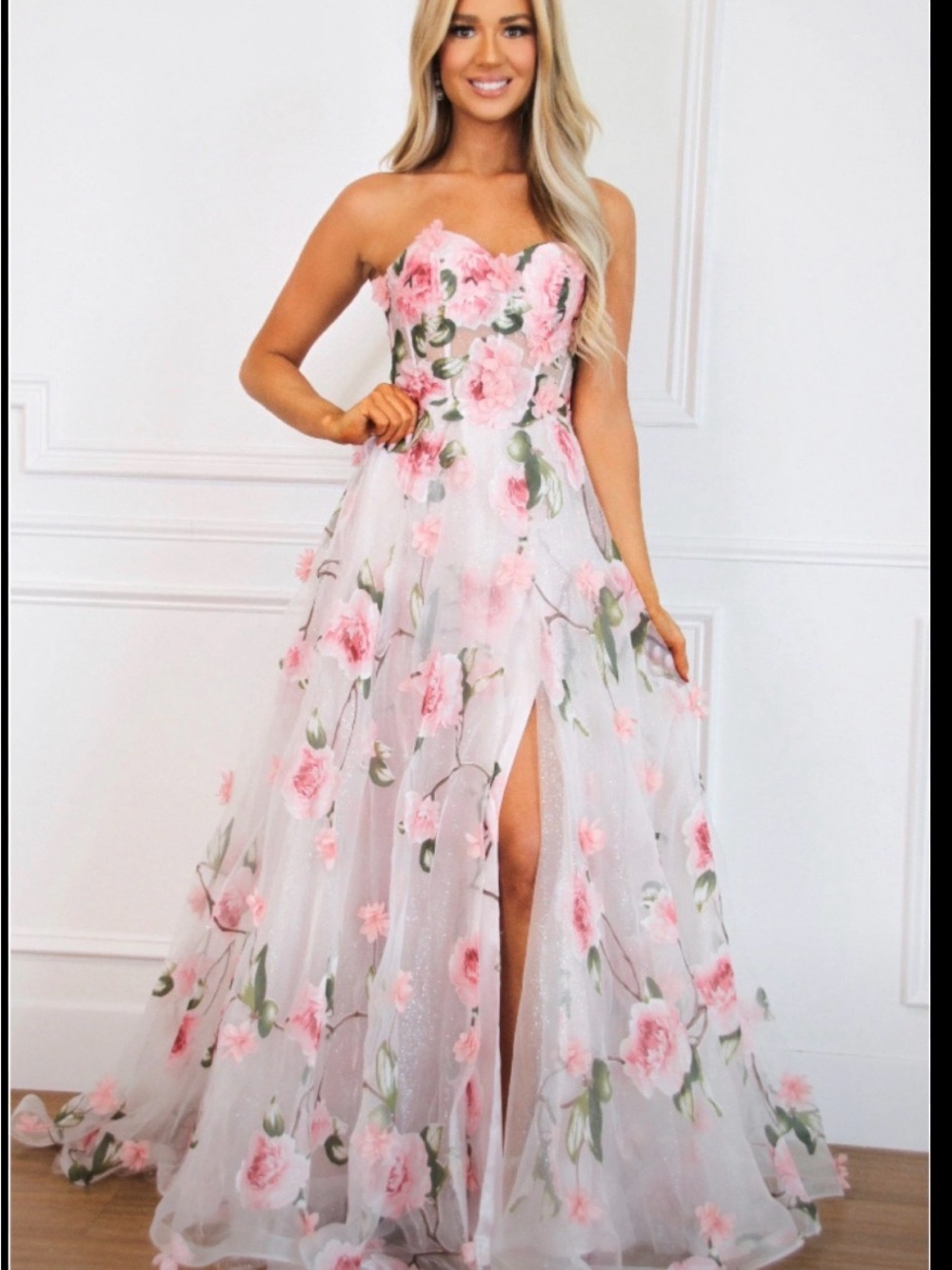 Romantic Strapless Pink Floral Gown with Sweetheart Neckline